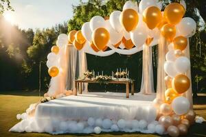 a wedding ceremony with gold balloons and white drapes. AI-Generated photo