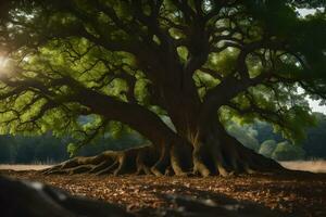 el Dom brilla mediante el hojas de un grande árbol. generado por ai foto