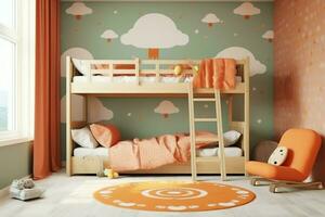 Modern child bedroom interior design in house with decoration children. Colorful children bedroom concept by AI Generated photo