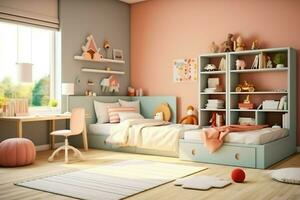 moderno niño dormitorio interior diseño en casa con decoración niños. vistoso niños dormitorio concepto por ai generado foto