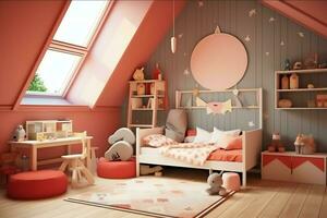 moderno niño dormitorio interior diseño en casa con decoración niños. vistoso niños dormitorio concepto por ai generado foto