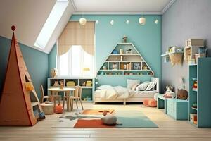 Modern child bedroom interior design in house with decoration children. Colorful children bedroom concept by AI Generated photo