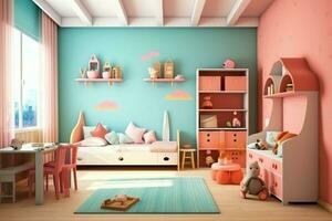 Modern child bedroom interior design in house with decoration children. Colorful children bedroom concept by AI Generated photo