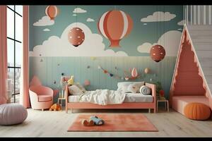 Modern child bedroom interior design in house with decoration children. Colorful children bedroom concept by AI Generated photo