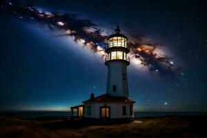 a lighthouse with stars in the sky and a milky way. AI-Generated photo