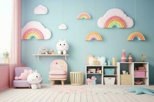 Modern child bedroom interior design in house with decoration children. Colorful children bedroom concept by AI Generated photo