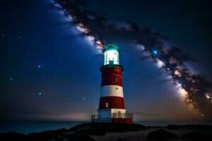 a lighthouse is lit up by the stars and the milky way. AI-Generated photo