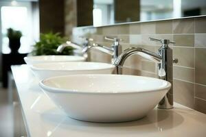 Modern public bathroom with row of white ceramic wash sink basins and faucet with mirror in restroom concept by AI Generated photo