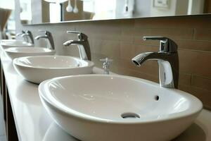 moderno público baño con fila de blanco cerámico lavar lavabo lavabos y grifo con espejo en Area de aseo concepto por ai generado foto