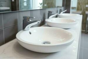 Modern public bathroom with row of white ceramic wash sink basins and faucet with mirror in restroom concept by AI Generated photo