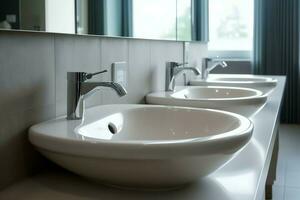 Modern public bathroom with row of white ceramic wash sink basins and faucet with mirror in restroom concept by AI Generated photo