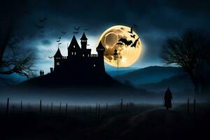 halloween castle with bats flying over it at night. AI-Generated photo