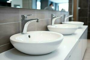 Modern public bathroom with row of white ceramic wash sink basins and faucet with mirror in restroom concept by AI Generated photo