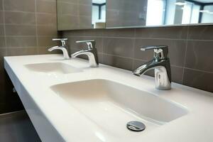 Modern public bathroom with row of white ceramic wash sink basins and faucet with mirror in restroom concept by AI Generated photo