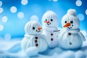 three snowmen are wearing knitted hats and are standing in the snow. AI-Generated photo