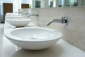 Modern public bathroom with row of white ceramic wash sink basins and faucet with mirror in restroom concept by AI Generated photo