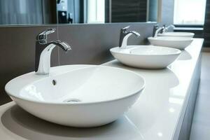 Modern public bathroom with row of white ceramic wash sink basins and faucet with mirror in restroom concept by AI Generated photo