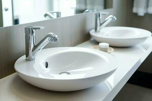 Modern public bathroom with row of white ceramic wash sink basins and faucet with mirror in restroom concept by AI Generated photo