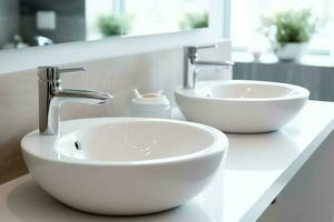 Modern public bathroom with row of white ceramic wash sink basins and faucet with mirror in restroom concept by AI Generated photo