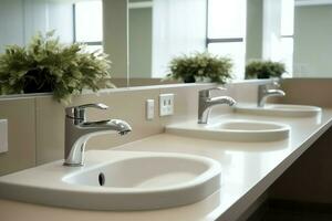 Modern public bathroom with row of white ceramic wash sink basins and faucet with mirror in restroom concept by AI Generated photo