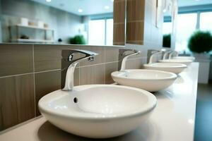 Modern public bathroom with row of white ceramic wash sink basins and faucet with mirror in restroom concept by AI Generated photo