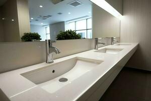 Modern public bathroom with row of white ceramic wash sink basins and faucet with mirror in restroom concept by AI Generated photo