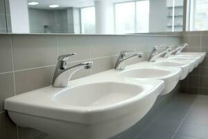 moderno público baño con fila de blanco cerámico lavar lavabo lavabos y grifo con espejo en Area de aseo concepto por ai generado foto