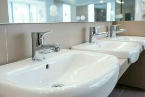 Modern public bathroom with row of white ceramic wash sink basins and faucet with mirror in restroom concept by AI Generated photo