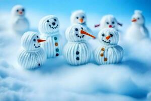 snowmen are made of knit wool and are standing in a group. AI-Generated photo