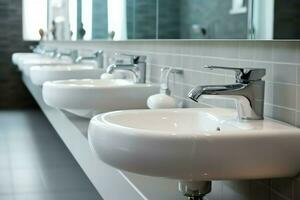 Modern public bathroom with row of white ceramic wash sink basins and faucet with mirror in restroom concept by AI Generated photo