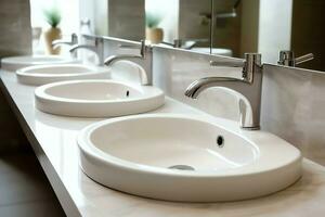 Modern public bathroom with row of white ceramic wash sink basins and faucet with mirror in restroom concept by AI Generated photo