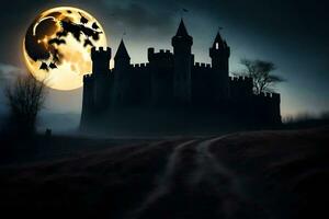 a castle in the dark with a full moon. AI-Generated photo