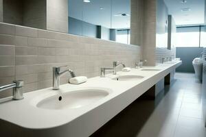 Modern public bathroom with row of white ceramic wash sink basins and faucet with mirror in restroom concept by AI Generated photo