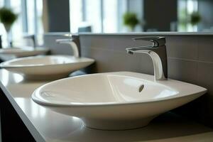 Modern public bathroom with row of white ceramic wash sink basins and faucet with mirror in restroom concept by AI Generated photo