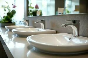 moderno público baño con fila de blanco cerámico lavar lavabo lavabos y grifo con espejo en Area de aseo concepto por ai generado foto