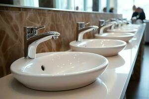 Modern public bathroom with row of white ceramic wash sink basins and faucet with mirror in restroom concept by AI Generated photo