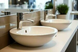 Modern public bathroom with row of white ceramic wash sink basins and faucet with mirror in restroom concept by AI Generated photo