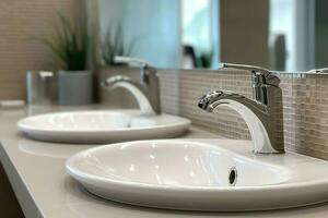 Modern public bathroom with row of white ceramic wash sink basins and faucet with mirror in restroom concept by AI Generated photo