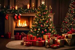 christmas tree and presents in front of fireplace. AI-Generated photo