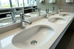 moderno público baño con fila de blanco cerámico lavar lavabo lavabos y grifo con espejo en Area de aseo concepto por ai generado foto