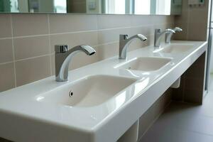 Modern public bathroom with row of white ceramic wash sink basins and faucet with mirror in restroom concept by AI Generated photo