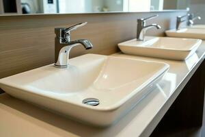 Modern public bathroom with row of white ceramic wash sink basins and faucet with mirror in restroom concept by AI Generated photo