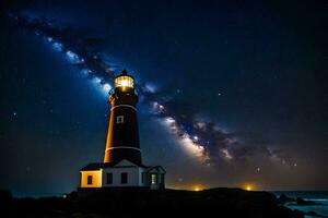 a lighthouse with stars above it and the milky way. AI-Generated photo