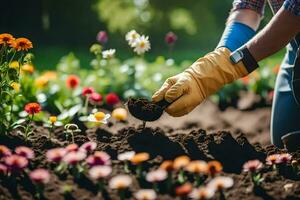 a person in gardening gloves is picking soil from a flower bed. AI-Generated photo