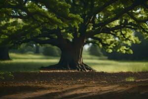 a large tree in the middle of a field. AI-Generated photo