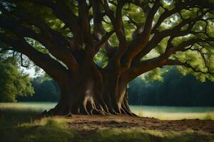 un grande árbol en el medio de un campo. generado por ai foto