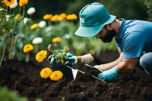 a man in a blue hat and blue gloves is planting flowers. AI-Generated photo