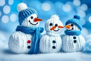 three snowmen wearing knitted hats and scarves. AI-Generated photo