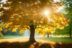 el Dom brilla mediante el hojas de un árbol en el otoño. generado por ai foto