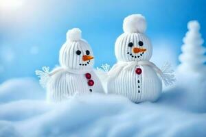 two snowmen are sitting on a blue sky. AI-Generated photo